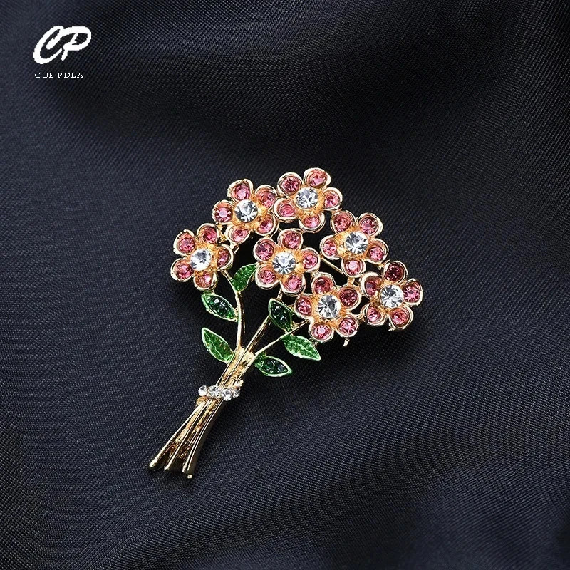Women’s Pink Crystal Flower Bouquet Brooch Pin Gold Tone Rhinestone Floral Jewel
