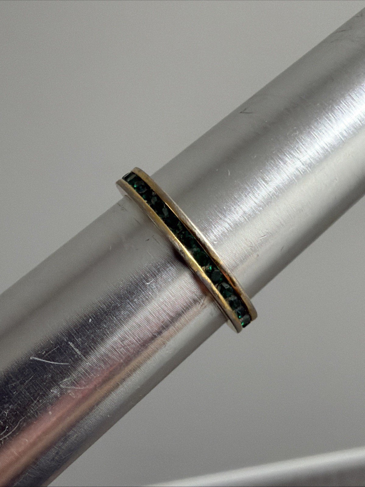 Vintage Gold Plated 3mm Stackable Green Eternity Band Rhinestone Ring 8, 8.25