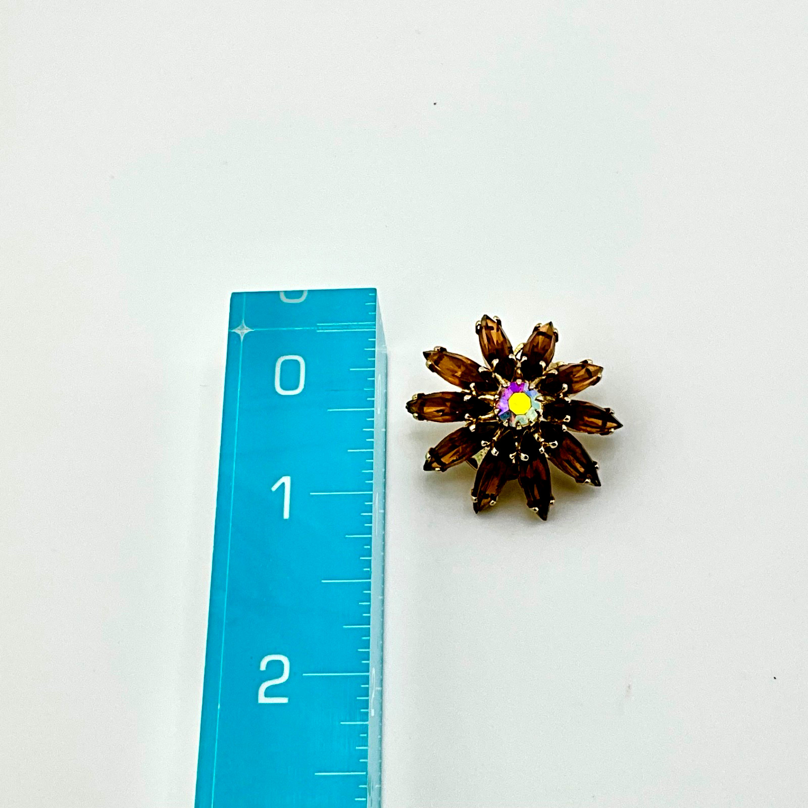 Vintage Mid Century Juliana Clip-On Earrings Navette Domed Amber AB Crystal