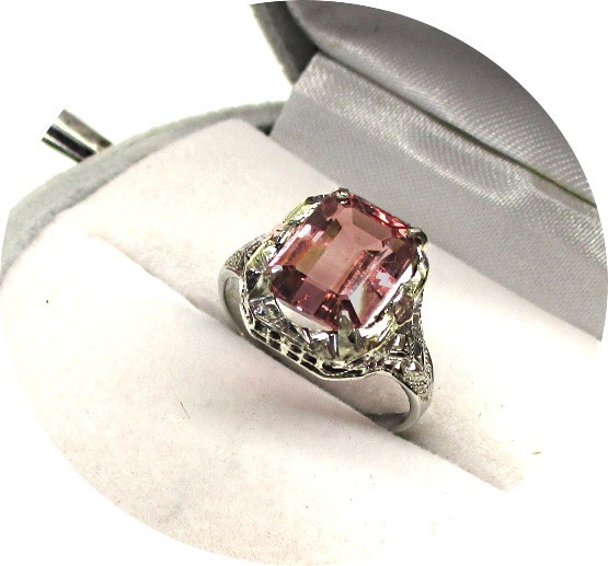 Gorgeous Rosy-Pink TOURMALINE Ring – Art Deco Filigree – 14k Solid White Gold…