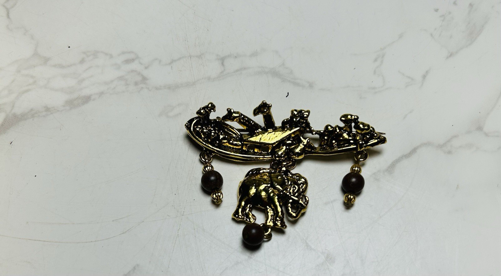 Vintage Dangle Noah’s Ark Bead Gold Tone Brooch Pin Signed EH Biblical