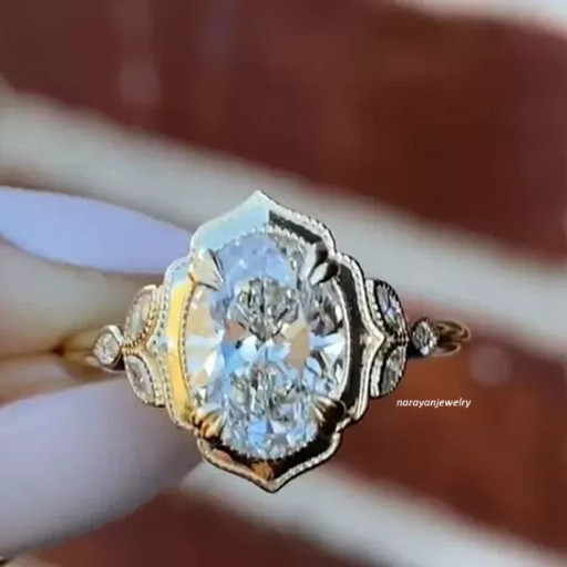 2Ct Oval Cut Real Moissanite Art Deco Women Wedding Ring 14K Yellow Gold Plated