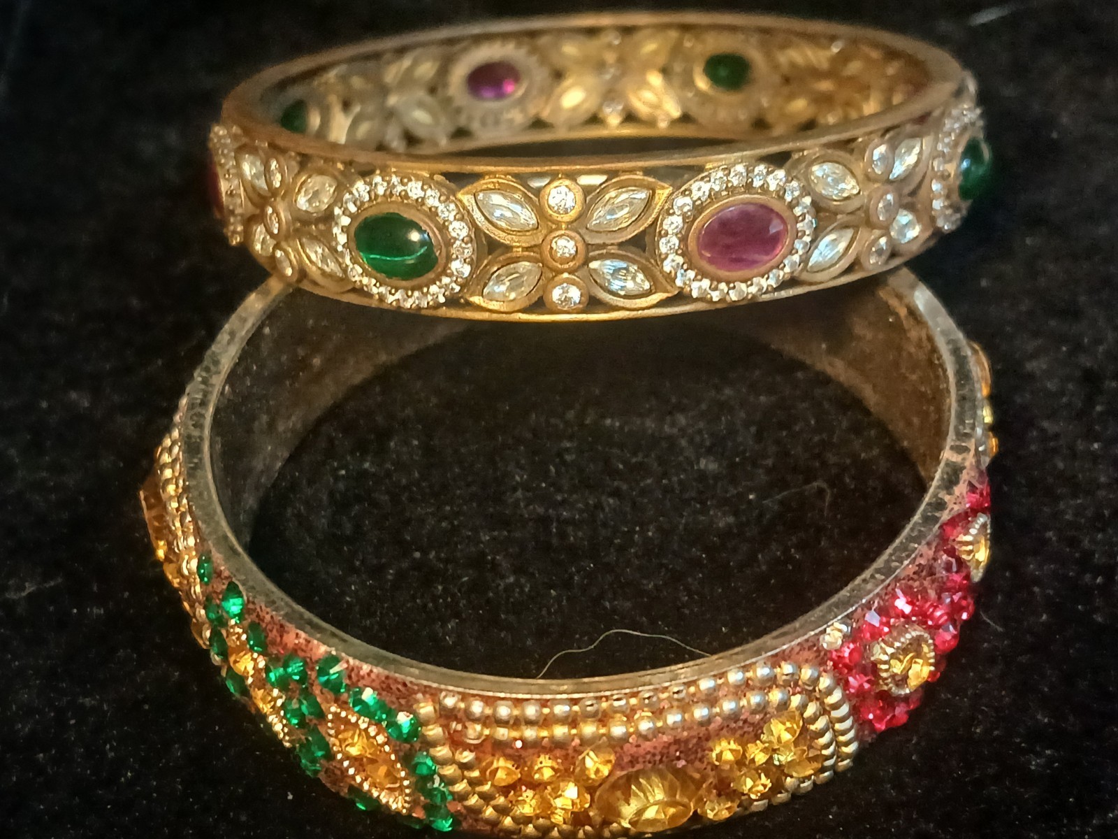 Two Vintage Multi-Color Rhinestone Indian Style Bangle Bracelet 2.5″ Diameter