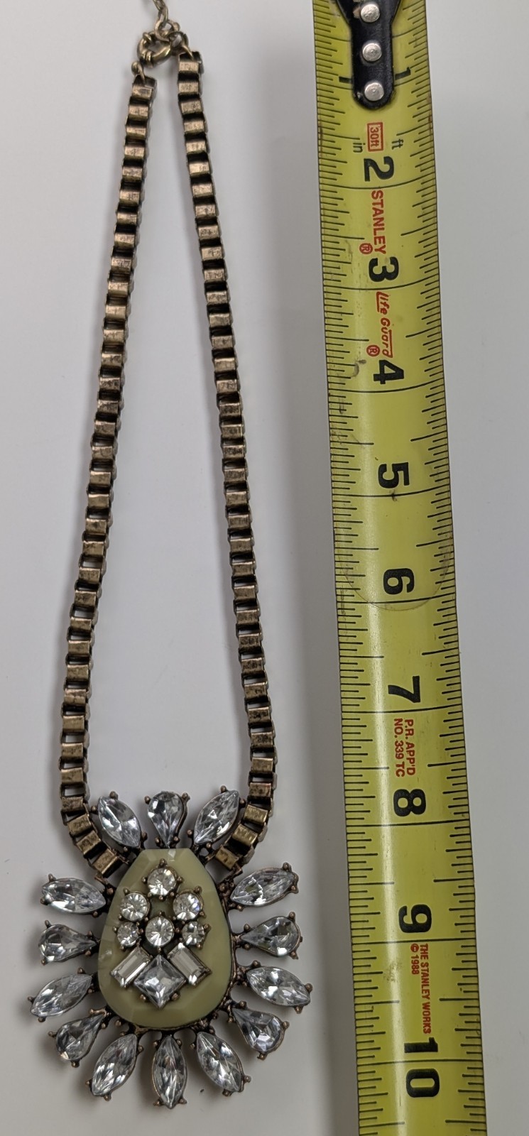 Vintage Statement Necklace Clear Rhinestones Antique Gold Tone Large Pendant