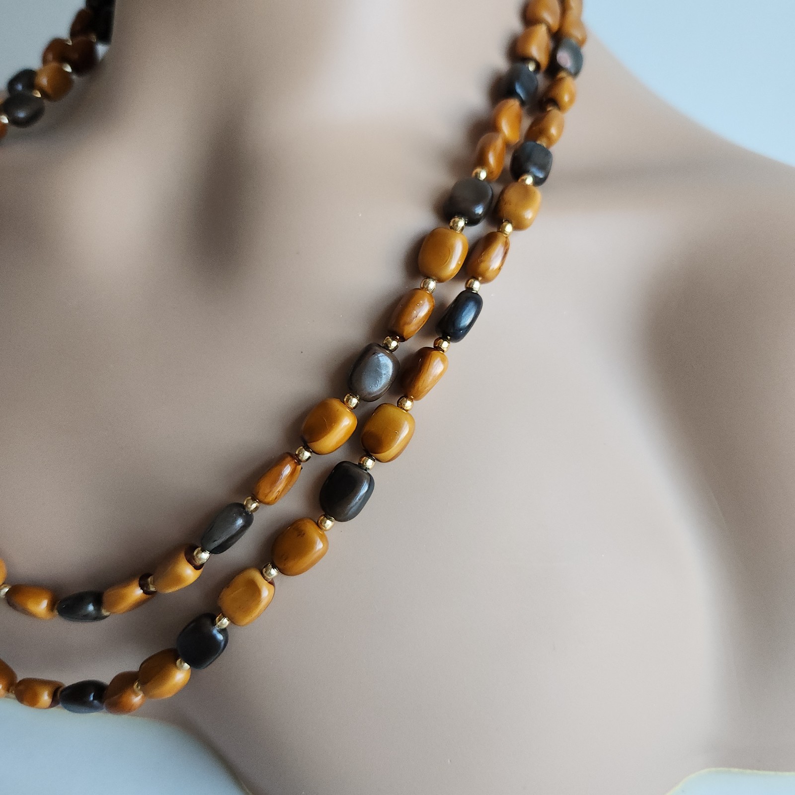 Long Beaded Necklace 50” Layered Wrap Brown Black Nugget Beads Boho