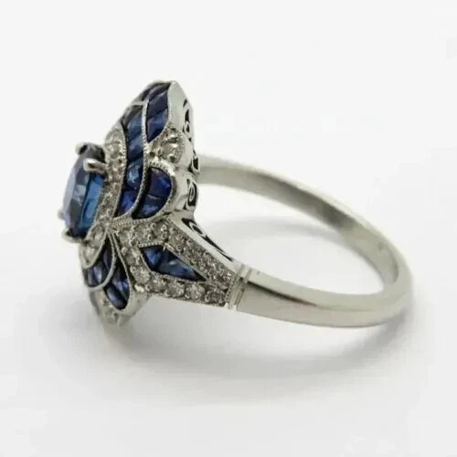 Art Deco Vintage Style Lab-Created Sapphire & Diamond Engagement 925 Silver Ring