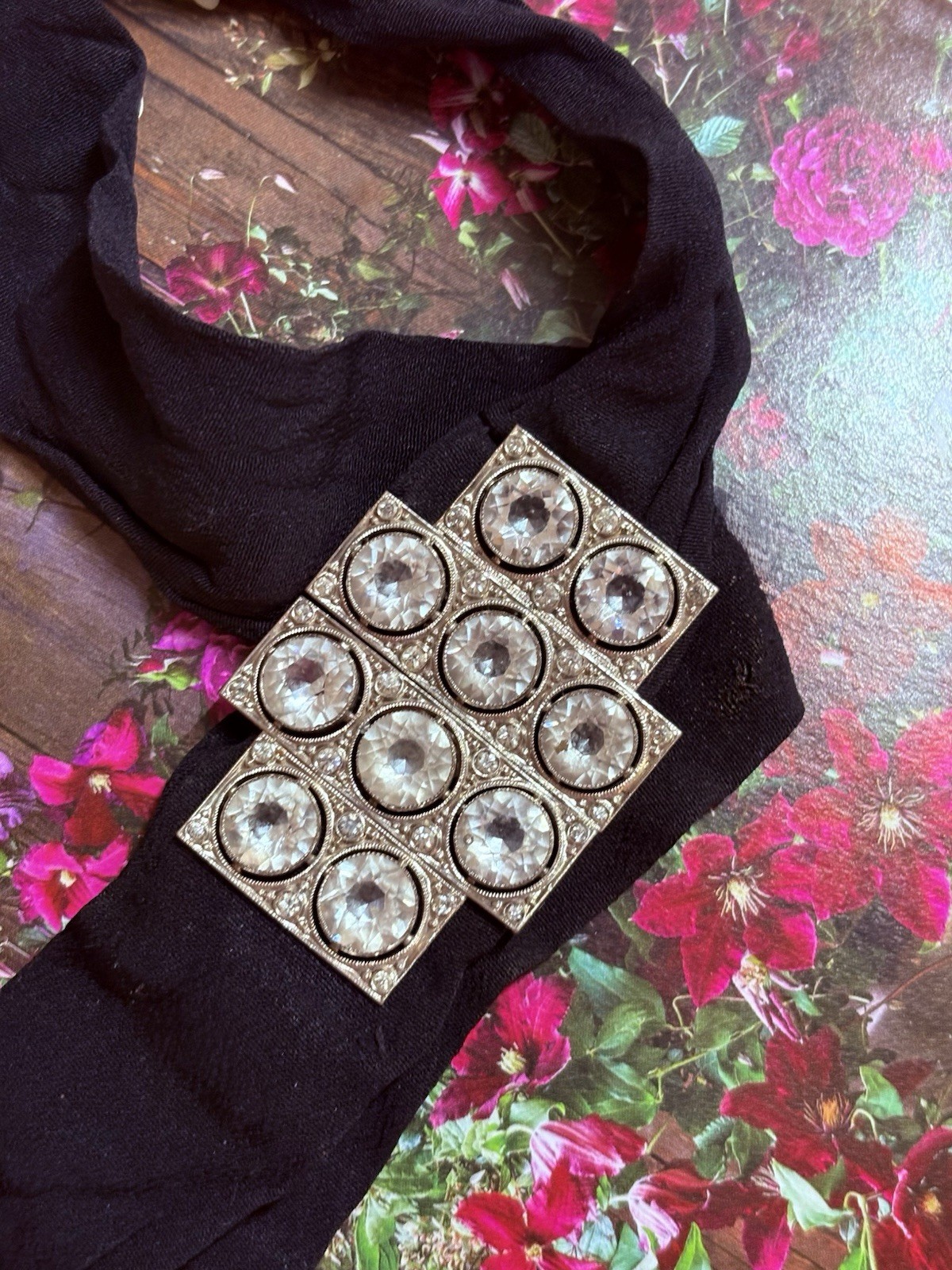 Antique Paste Crystal Silver Belt Buckle Black Crepe Sash Belt Hallmarked Czech
