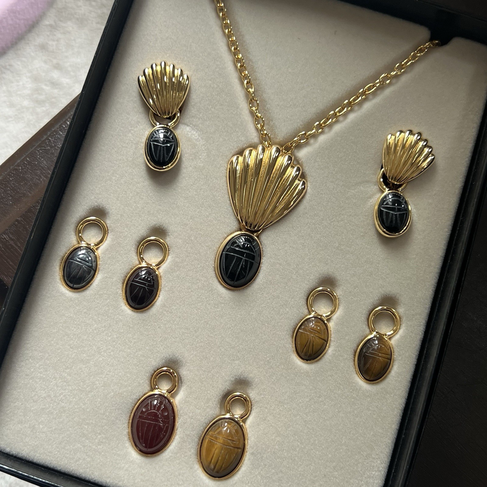 Vintage QVC Interchangeable Scarab Necklace and Earrings Set