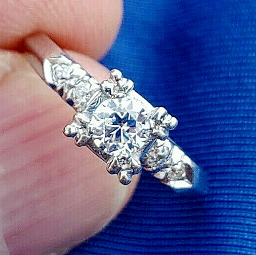 Original EARTH MINED DIAMOND Deco Engagement Ring Vintage PLATINUM Solitaire 6.5