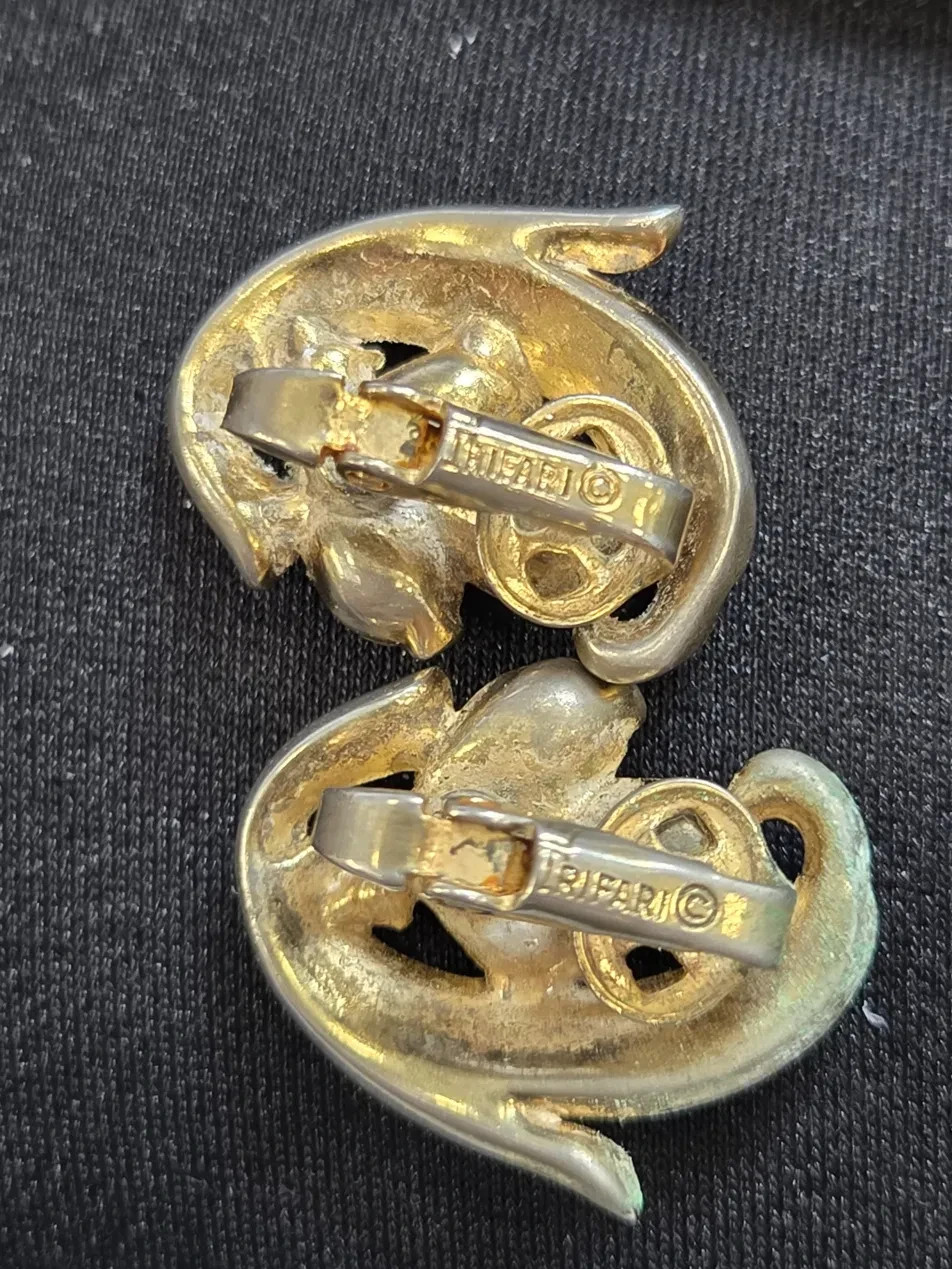 Trifari Signed Vintage Clip Earrings Gold Tone Rhinestone Scroll Leaf