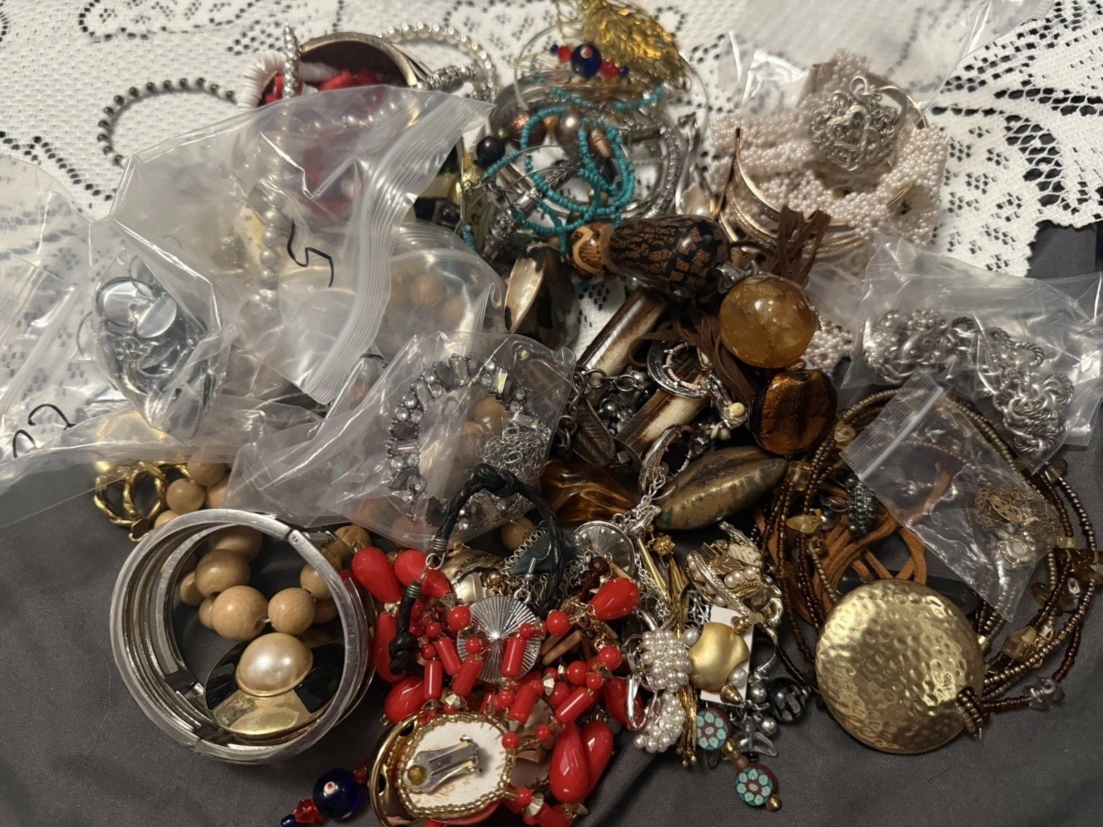 5+lbs Mystery estate jewelry Jar Untested Wearable Vintage Modern 50 pieces