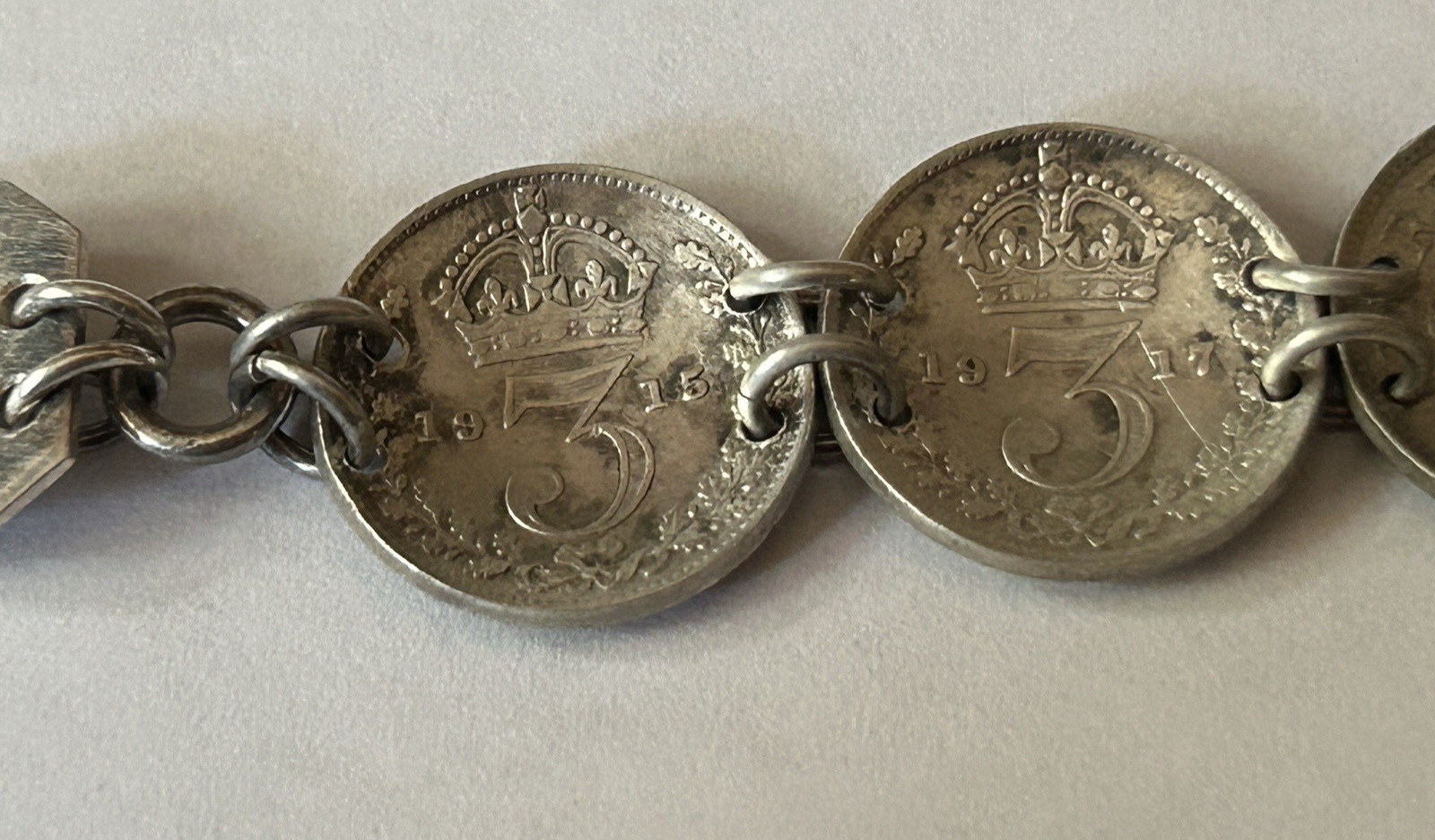 Antique British King George 3 Pence ID Bracelet Aprx 7” In Sterling Silver