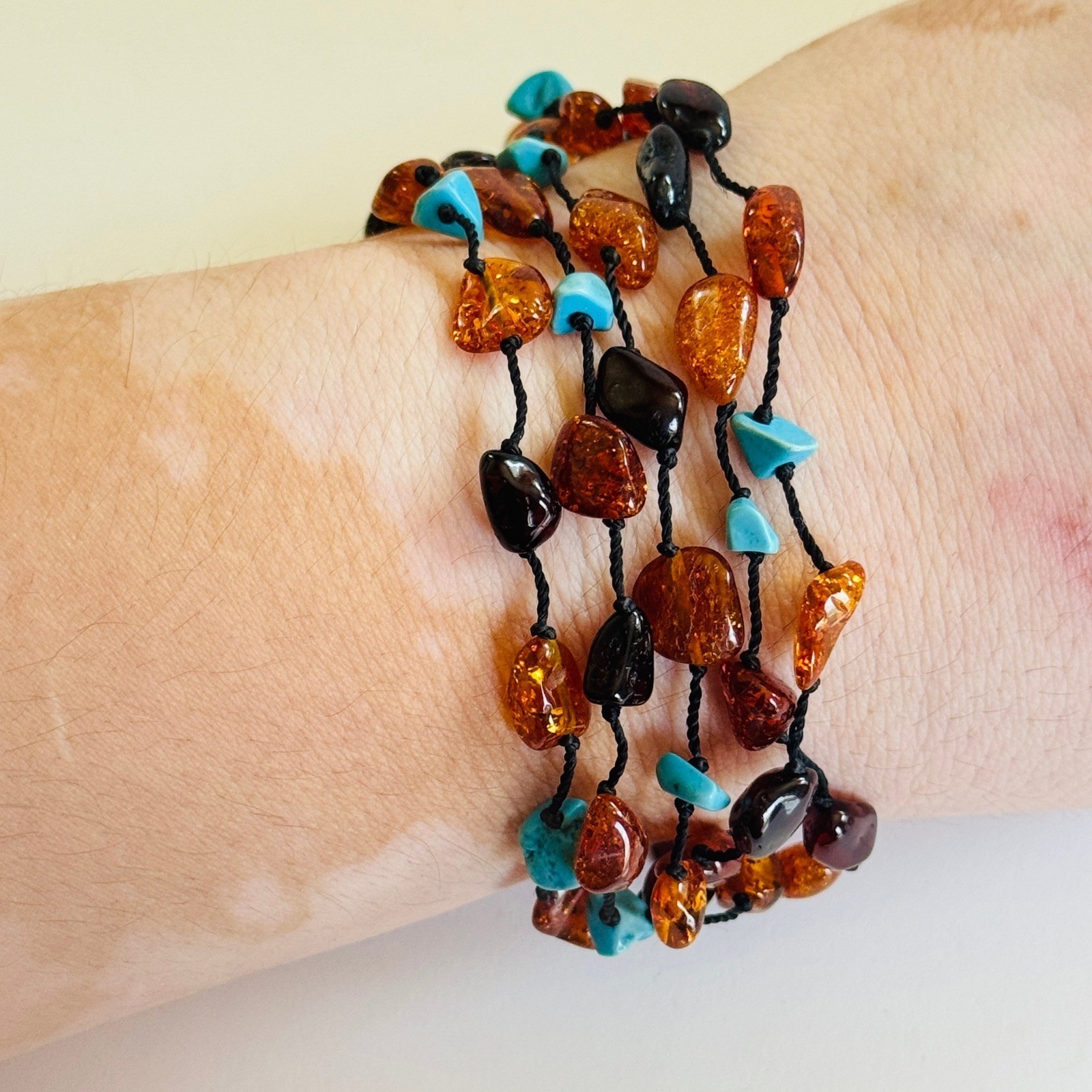 Baltic Amber Turquoise Bracelet multi strand BOHO Genuine Natural Beads 6.5″L