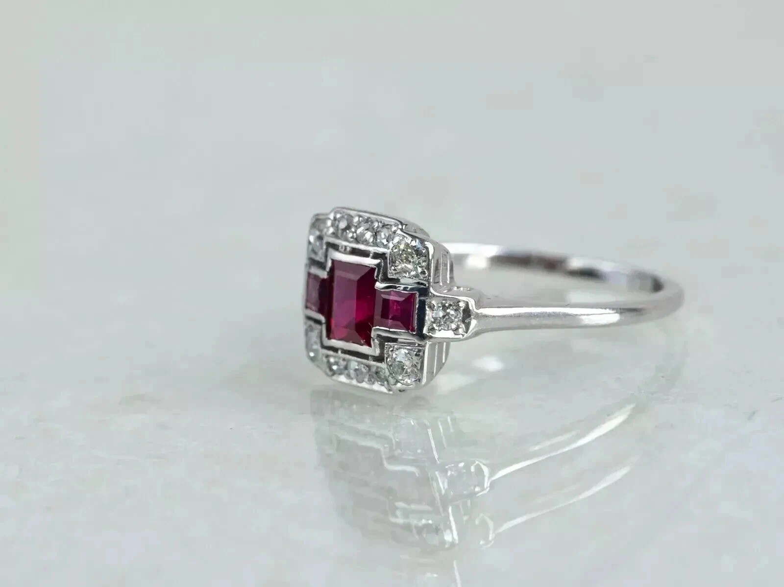 2Ct Art Deco Style Lab Created Ruby & Diamond Wedding 14K White Gold Finish Ring