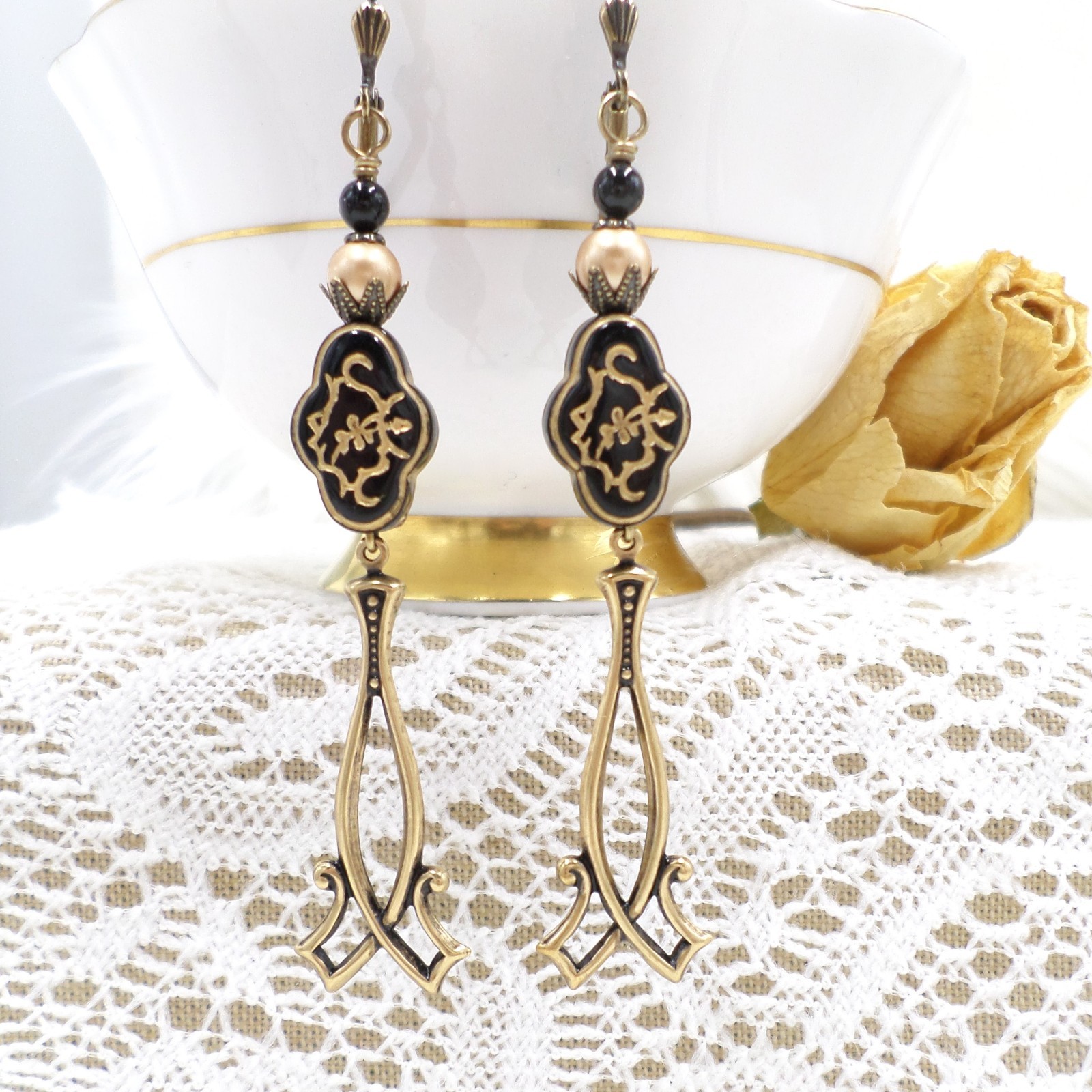 Antique Brass Dangle Earrings Black Gold Floral Acrylic Beaded Victorian Jewelry