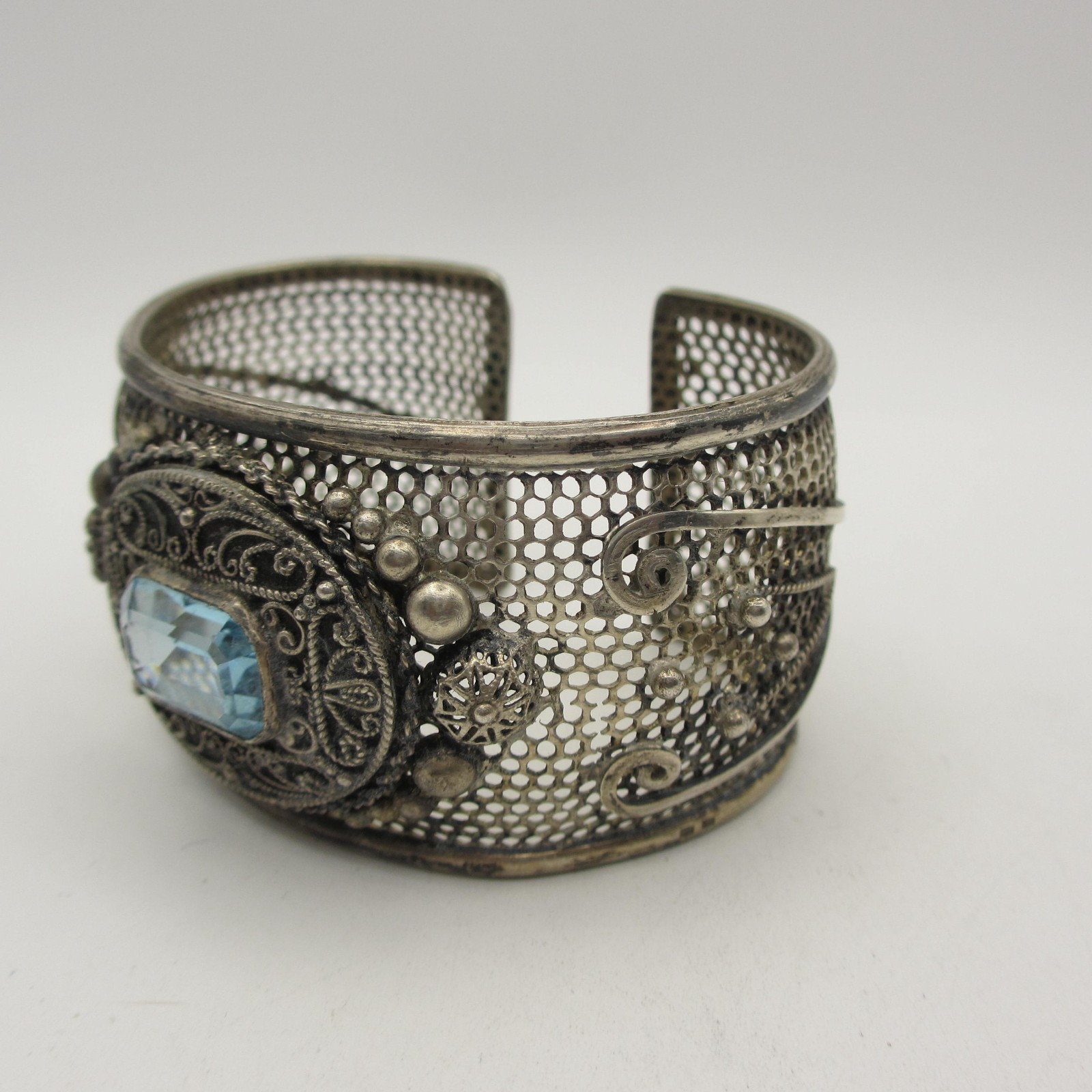 Vtg Silver Mesh Cuff Bracelet Renaissance Revival Artisan Filigree Blue Glass