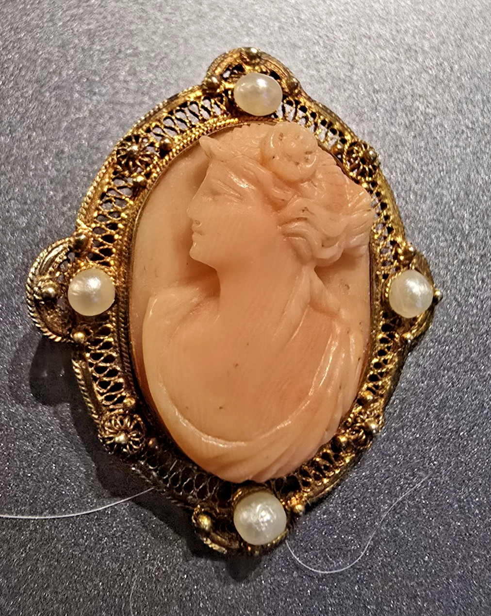 18K Gold Granulated Filigree Frame With High Relief Etruscan Revival Cameo