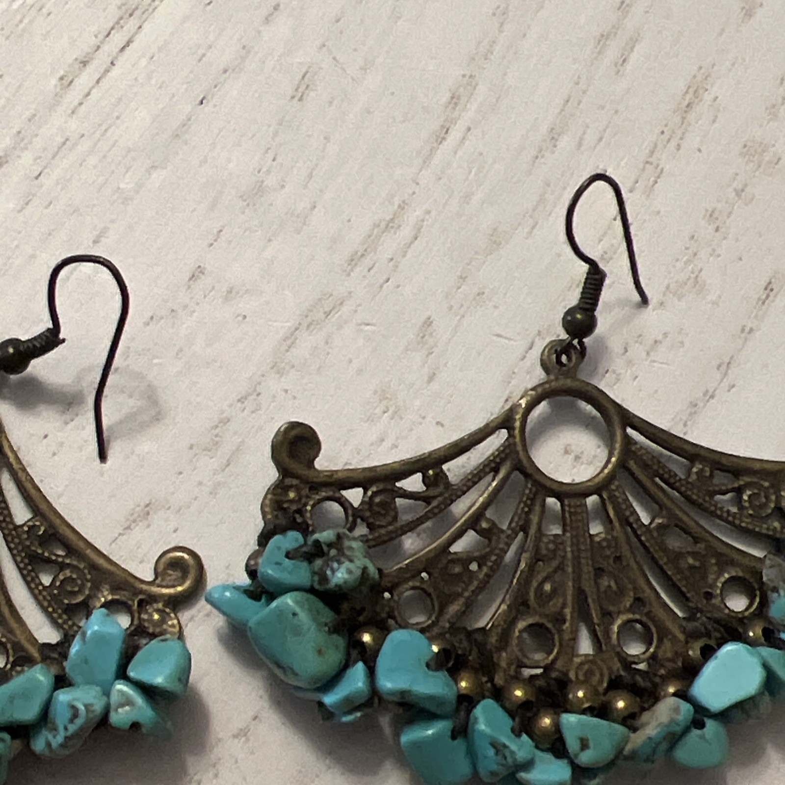 Vintage Turquoise and Brass Plated Metal Fan Earrings Art Deco Style Pierced