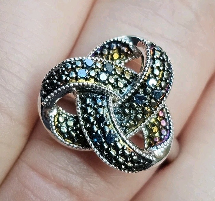 Sterling Silver Wide Band Ring – Wavy Pavé Black Stone Design Size 7 – 8.7 g