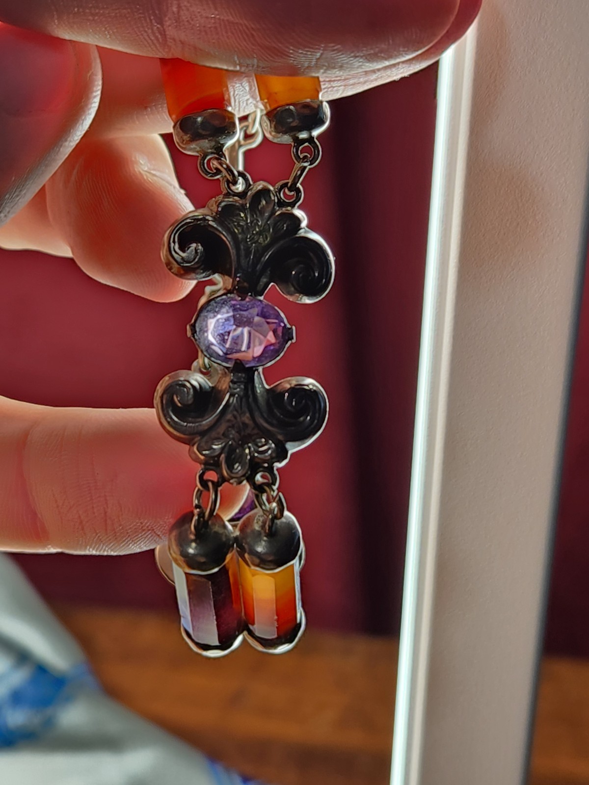 VINTAGE ANTIQUE SILVER SCOTTISH AGATE & AMETHYST BRACELET HOOK CLASP
