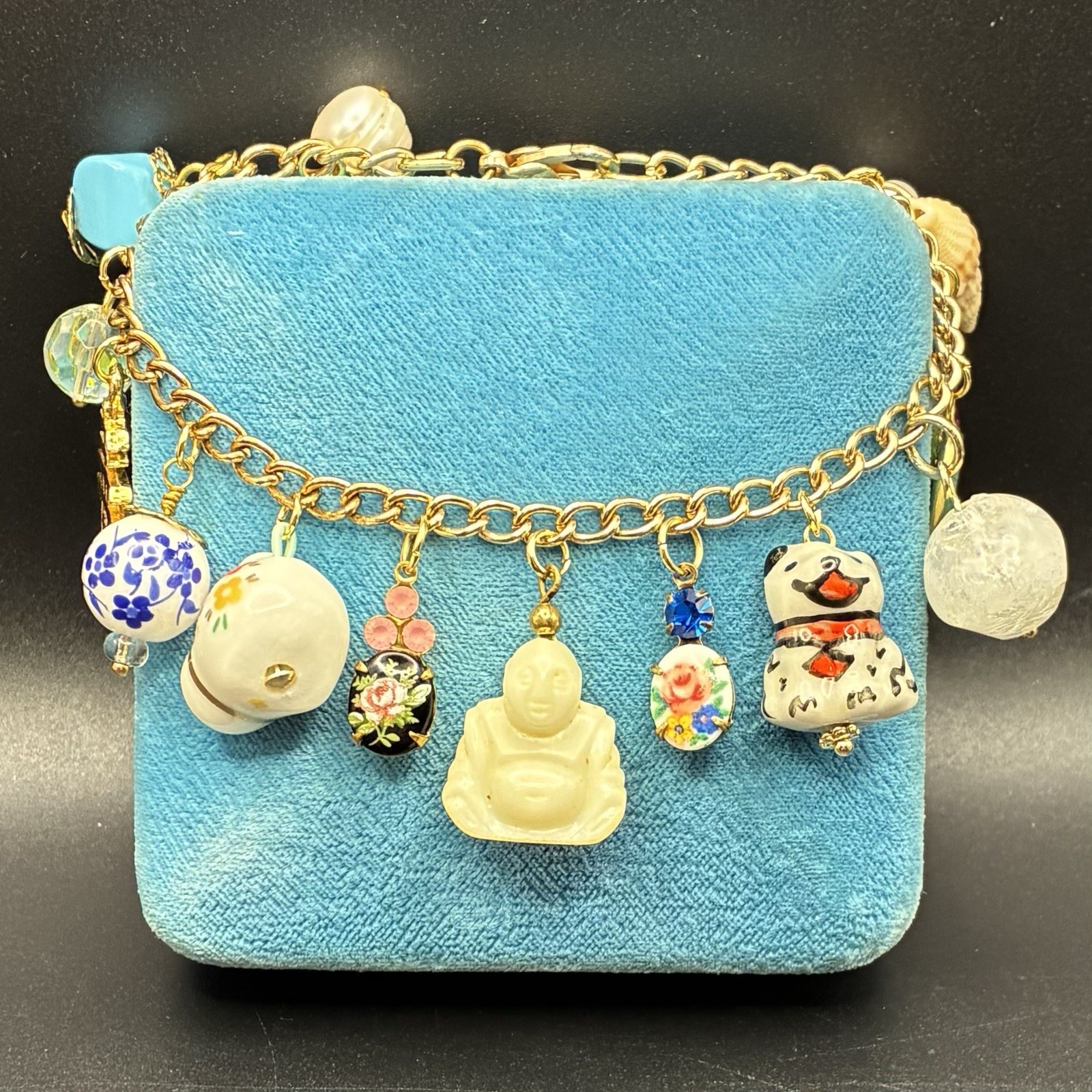 Vintage Eclectic Custom Charm Bracelet + Vtg Charms: Dog, Rabbit,Floral, Buddha+