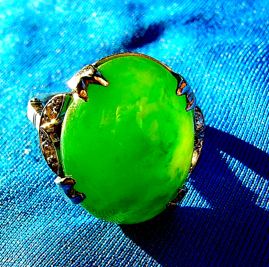 Original EARTH MINED JADEITE Jade Antique Engagement Ring Diamond Deco 14K GOLD