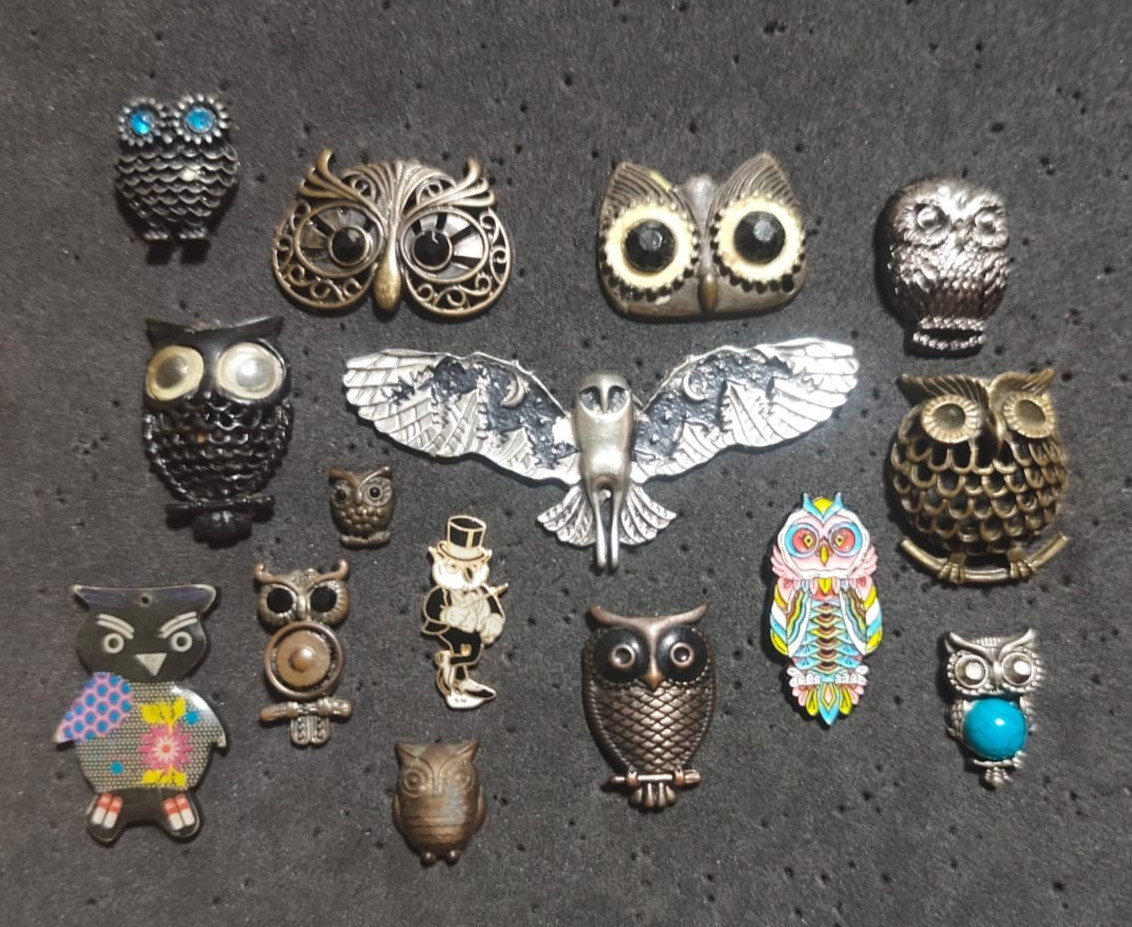 Vintage Owl Brooch Pin Lot of 15 Assorted Owl Pins Enamel Rhinestone Silver Tone