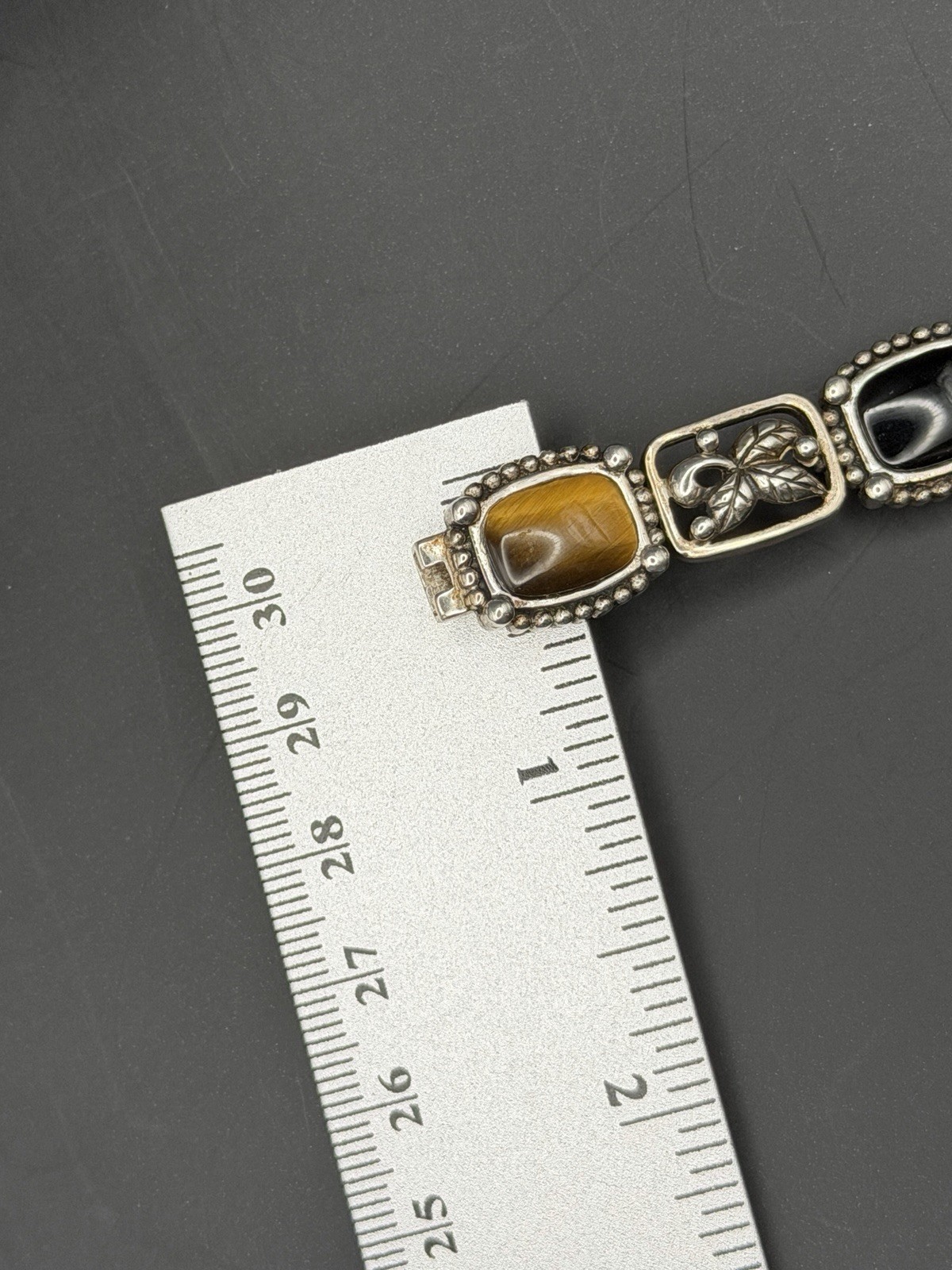 Vintage Sterling Silver Multi Stone Bracelet Onyx, Tiger Eye and Red Coral