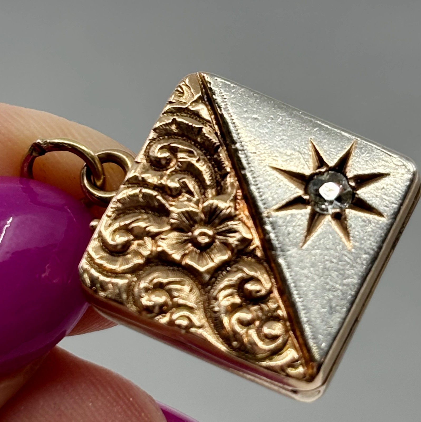 Antique 14K Diamond Locket Two Tone Old Cut Diamond Square Locket