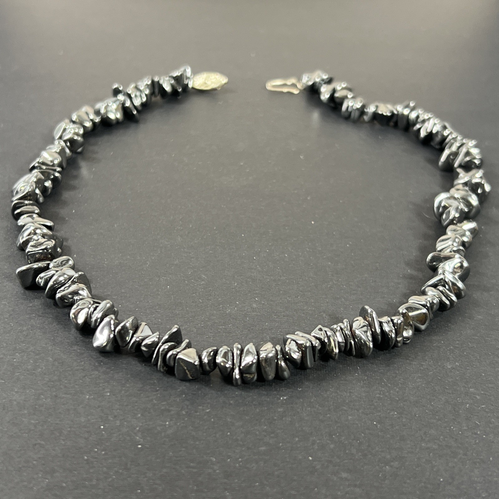 Tumbled Hematite Beaded Necklace Vintage Natural Chip 17″