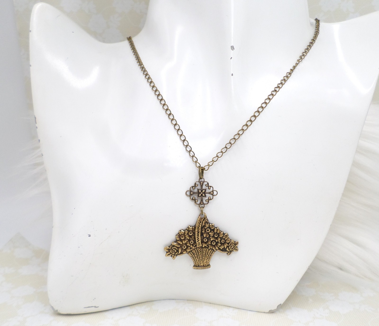 Flower Basket Necklace Antique Brass Handmade Floral Pendant Victorian Style