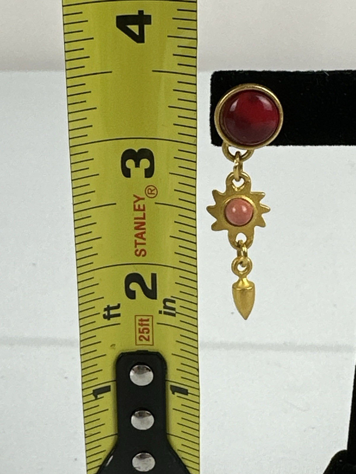 Vintage Brushed Gold-tone Stud Dangle Earrings Red Pink Stones