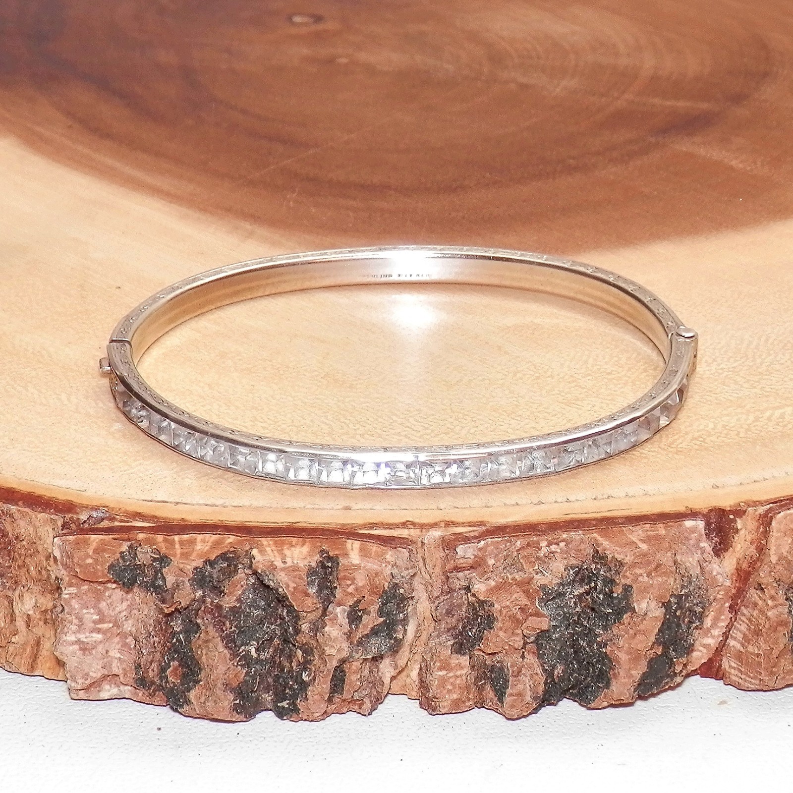 Art Deco Sterling Silver 925 Square Rhinestone Antique Hinged Bangle Bracelet