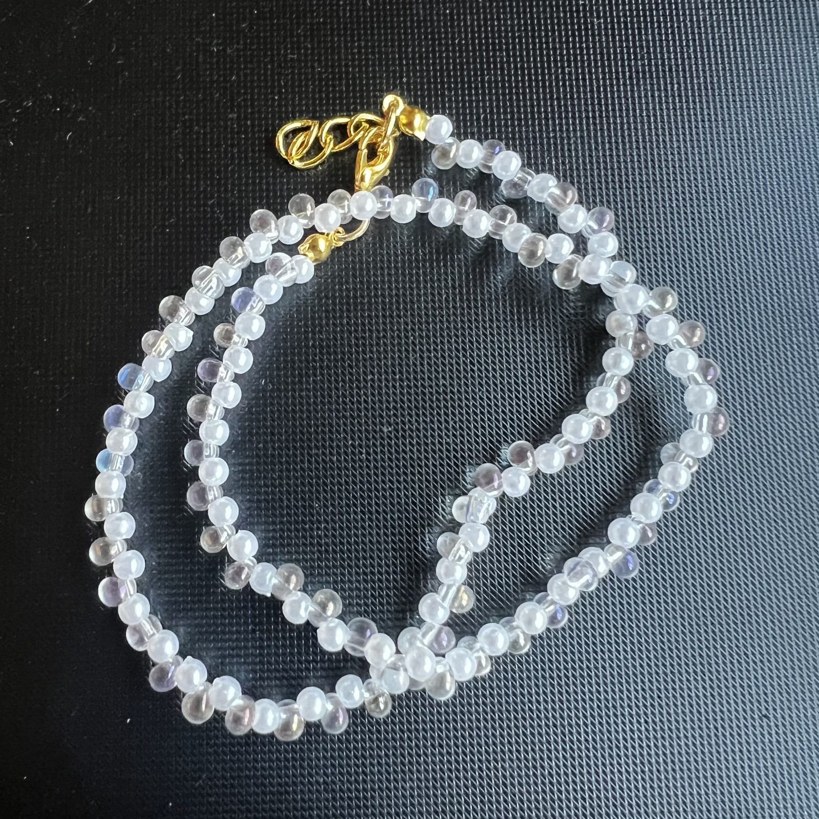 Handmade fauxpearl clear glass deaded necklace gold tone clasp choker strand