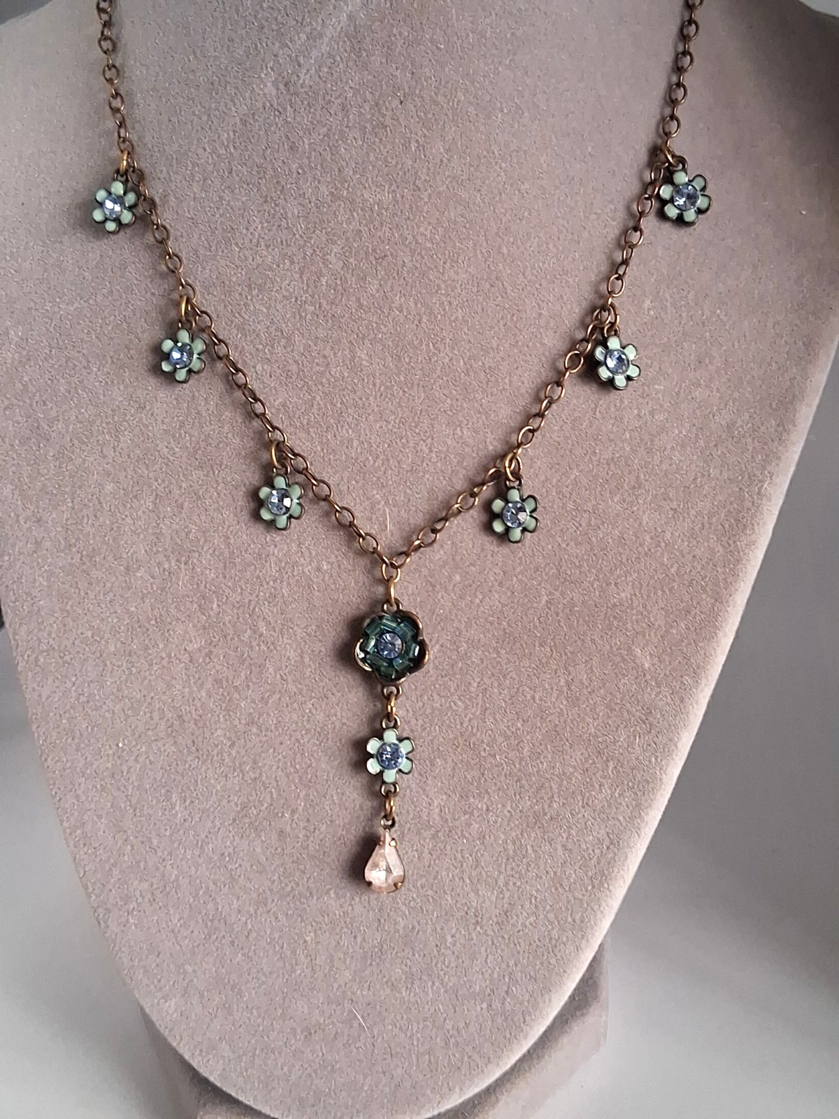Avon Vintage Forget Me Not Necklace Blue Floral Rhinestone 16” Bronze “Summer”