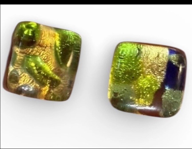 VINTAGE NEON Murano Glass Earrings Green Reflecting Stud Lobe Italian GIFT SEE