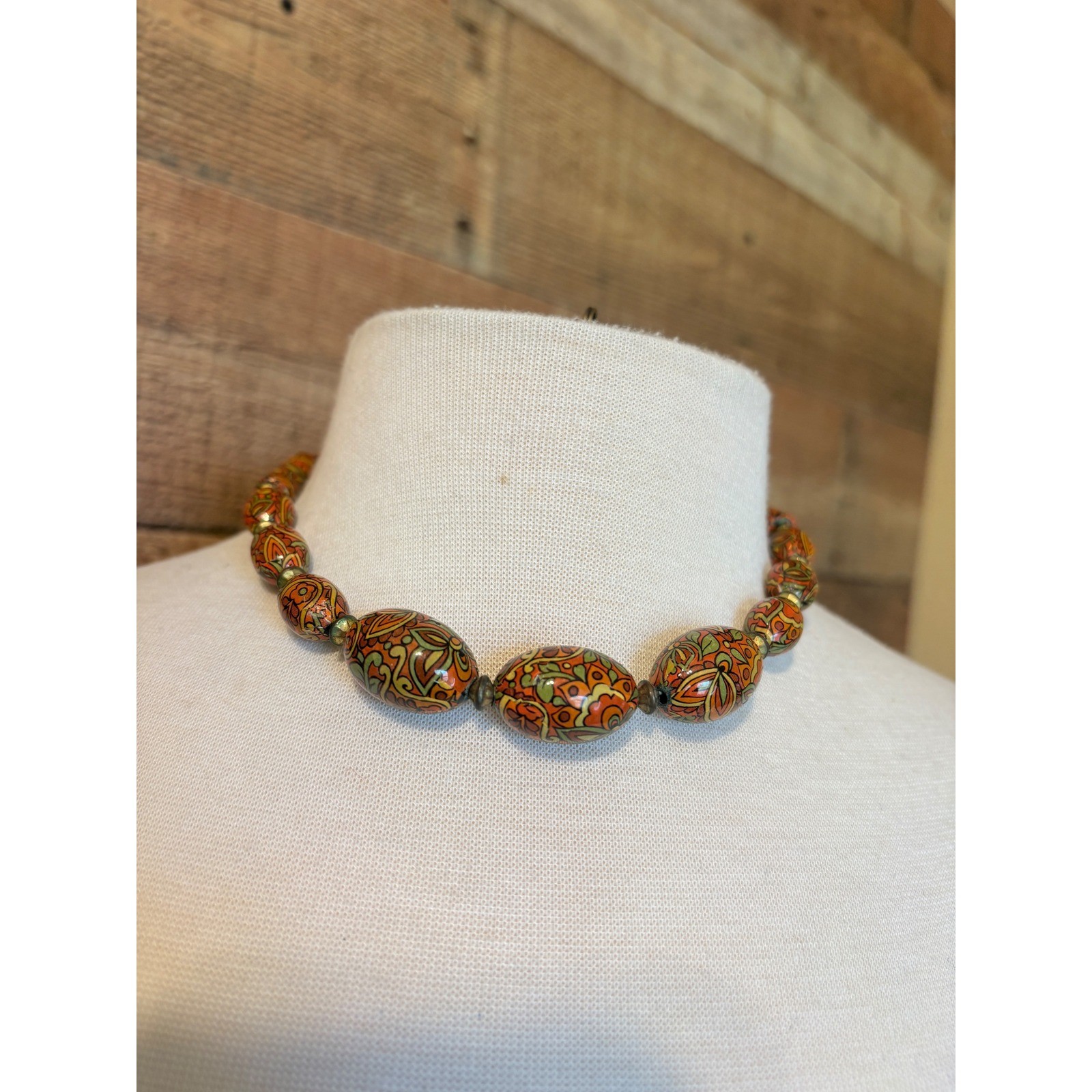 Faceted & Fancy Beads West African Floral Bead Necklace Orange Vintage 17in