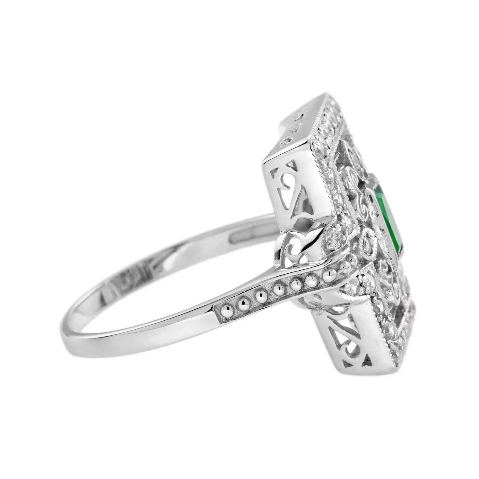 2.84Ct Art Deco Style Green Lab Created Emerald & Diamond 14K White Gold FN Ring