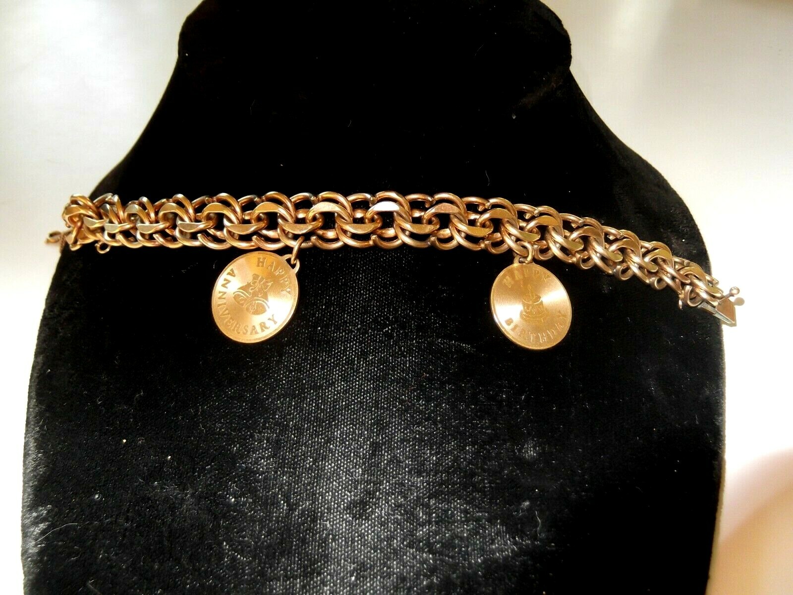 HEAVY LINKED 12K GF CHARM BRACELET 2 CHARM HAPPY BIRTHDAY ANNIVERSARY ITALIAN