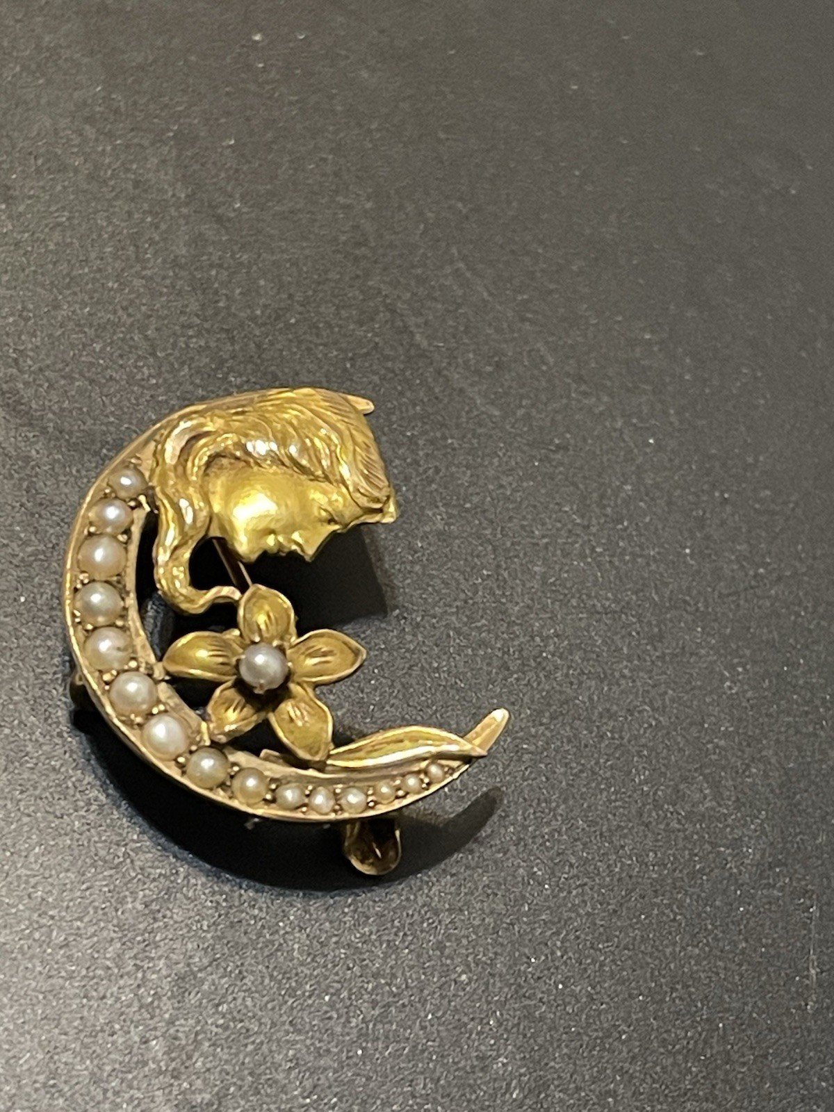 Vtg Brooch Pin Art Nouveau Deco 14K Gold Sees Pearl Woman Crescent Moon Flower