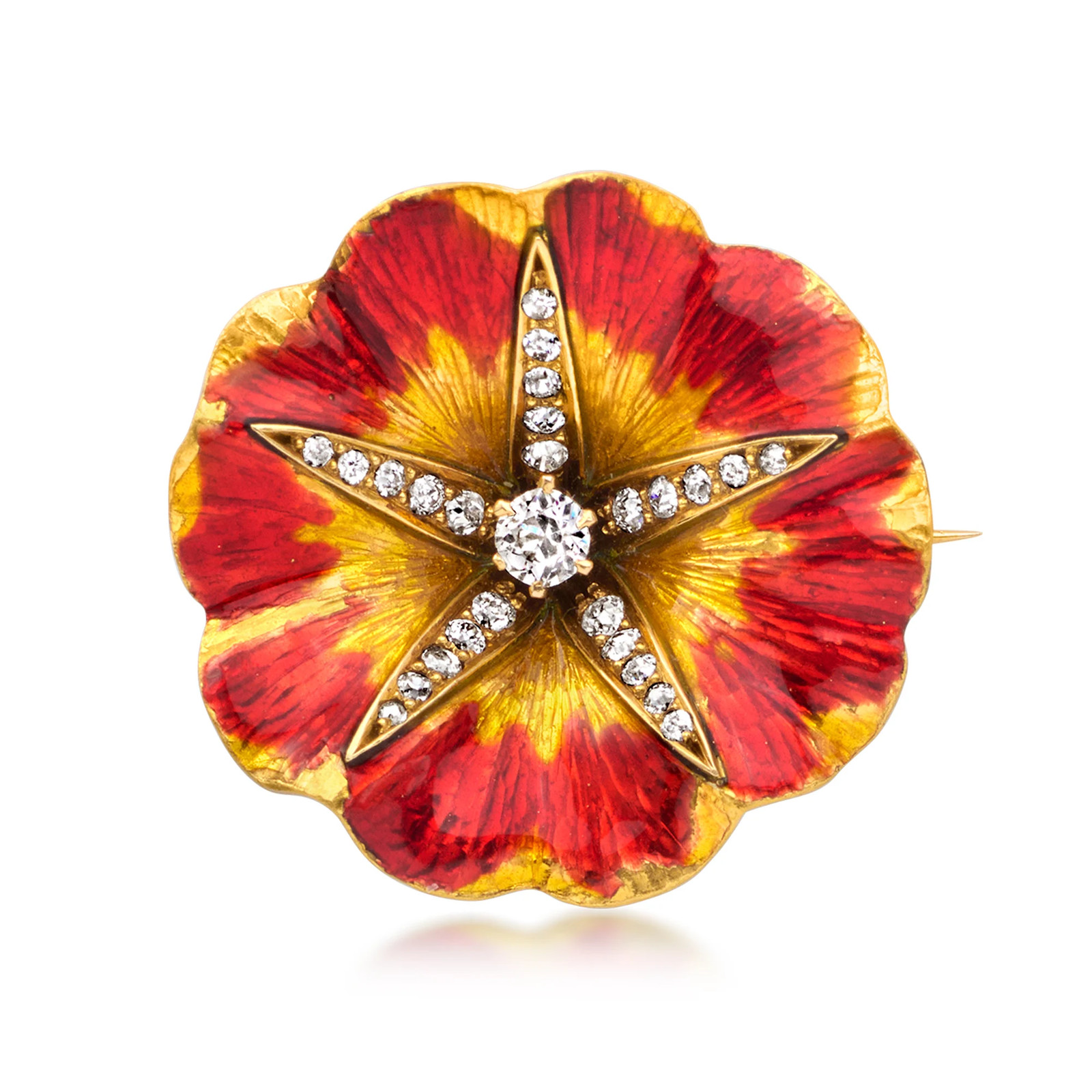 Vint Diamond Pin w Yellow & Red Enam in 14k Gold
