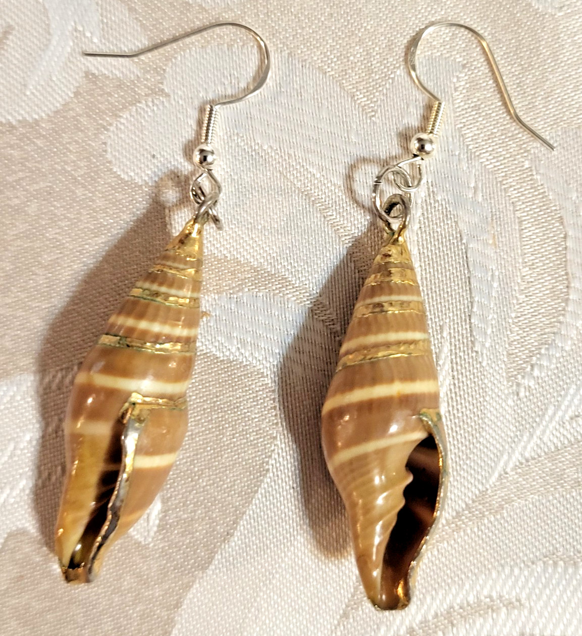 70s Vintage 925 Silver Golden and Brown Natural Seashell Dangle Drop Earrings
