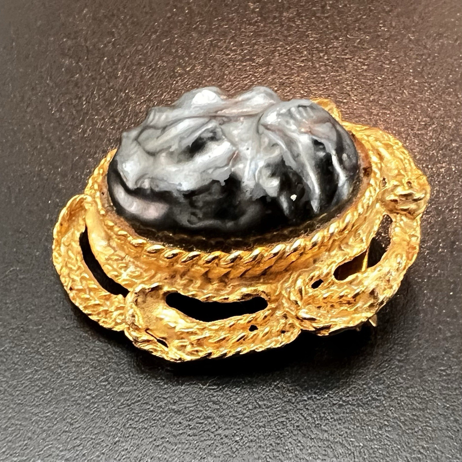 Vintage Black Carved Cameo Style Brooch Gold Tone Ornate Statement Pin