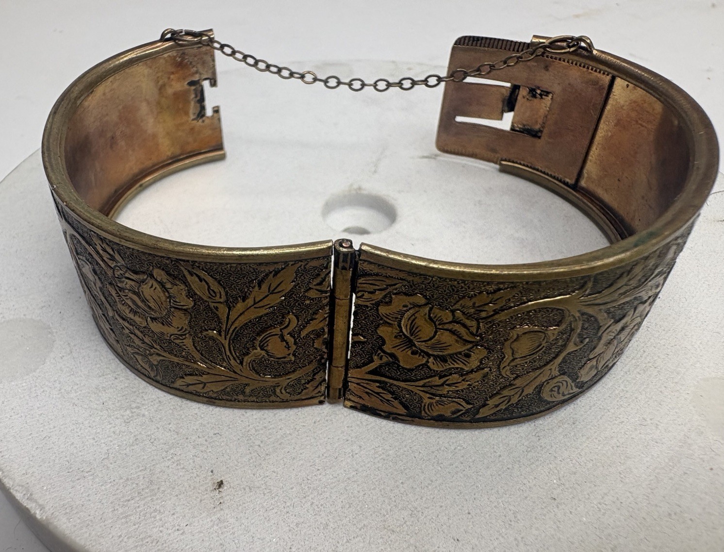 Vintage Etched Brass Wide Cuff Bracelet Floral Hinged Safety Chain