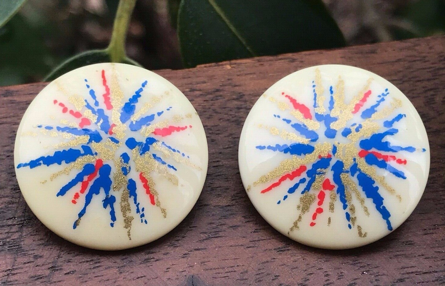 Vintage Round Plastic Pierced Earrings Blue Red Gold White Mid-century Starburst