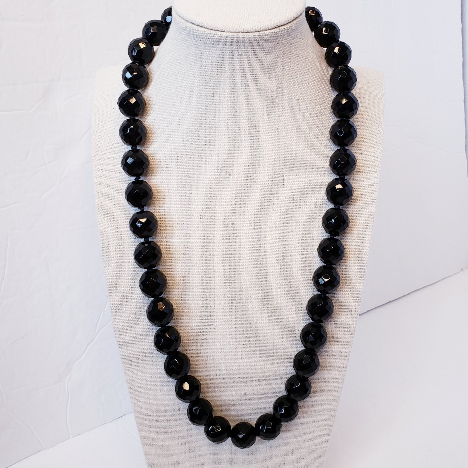 Vintage Joan Rivers Acrylic Lucite Black Faceted Bead Necklace Knotted 23″