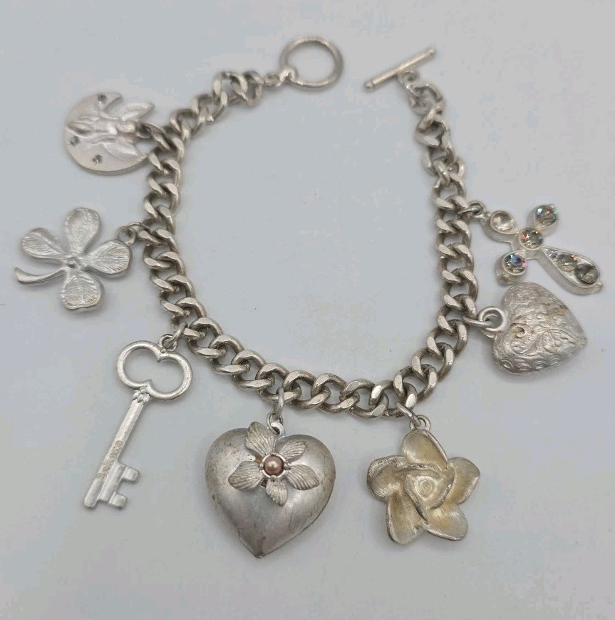Vintage Silver Tone Chunky Charm Bracelet Heart Key Clover 8″ Cross Love Luck