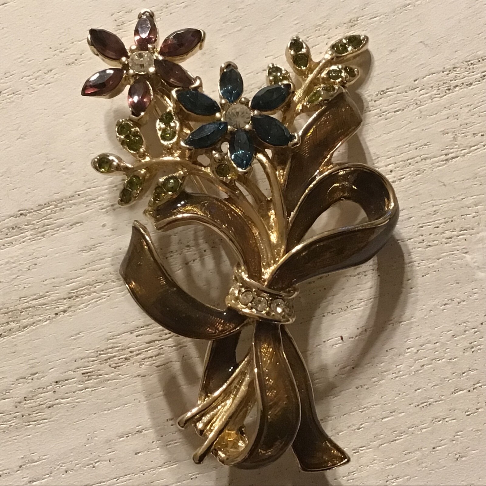 VTG Monet Rhinestone Floral Bouquet Brooch Faux Amethyst Peridot Sapphire Estate