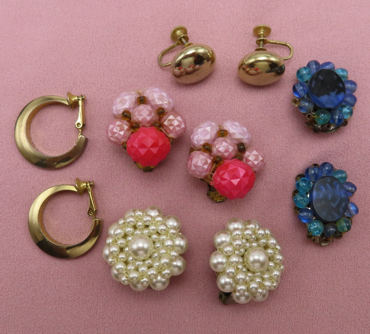 5 Pair Vintage Earrings Signed Clip Kramer Germany Japan Coro Beads Lot 442f