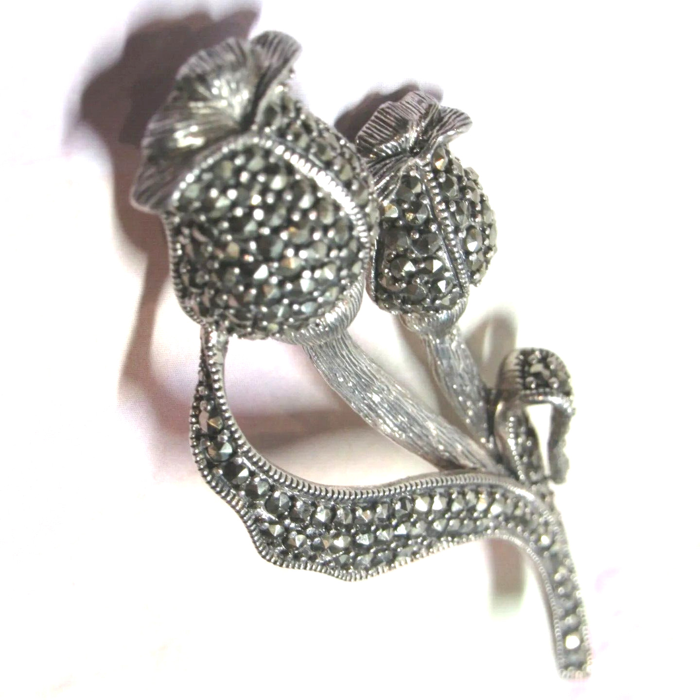 Sterling Silver Marcasite Tulip Leaf Flower Pin Hypoallergenic Nickel Free 14.5g